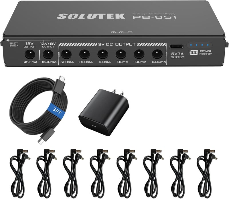 SOLUTEK Rechargeable Guitar Pedal Power Supply | 12800 High-Current 2000mA 9V 12V 18V 5V for Pedal Board and More Devices | Compact Convenient Quiet Powerful Model PB-051 - Image 1